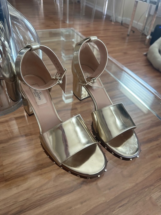 Valentino Garavani Shoes - Valentino Garavani Metallic Gold Stud-Trim Block Heel Sandals